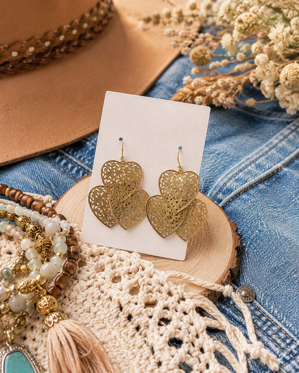 Gold Tone Filigree Dangle Earrings Layered Heart Boho Vintage Style French Wire